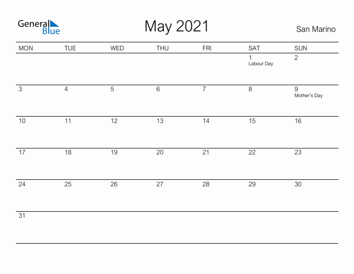 Printable May 2021 Calendar for San Marino