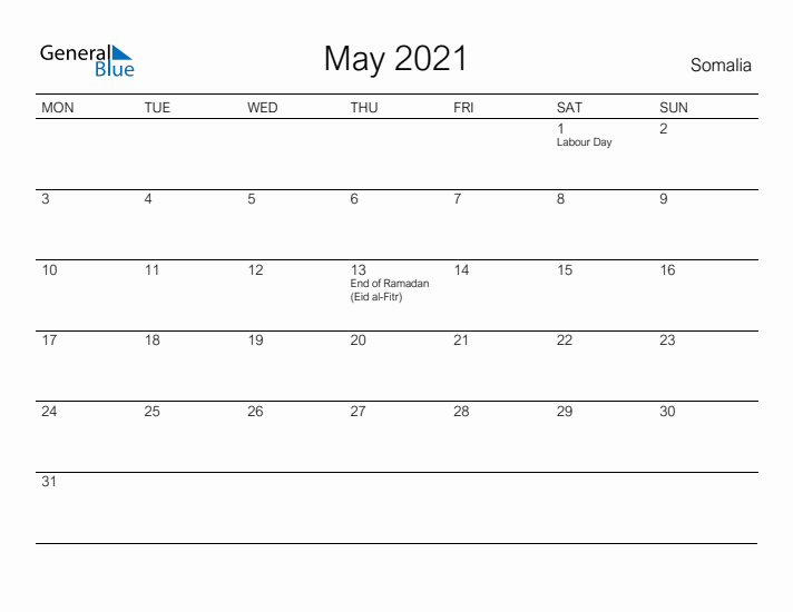 Printable May 2021 Calendar for Somalia