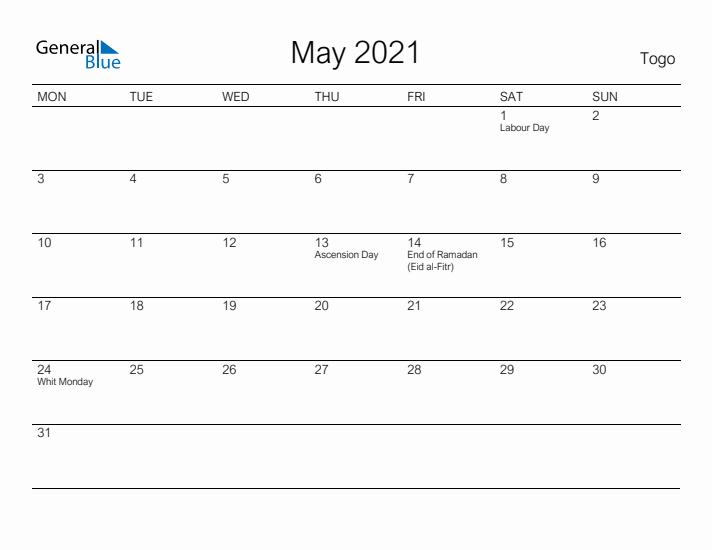 Printable May 2021 Calendar for Togo