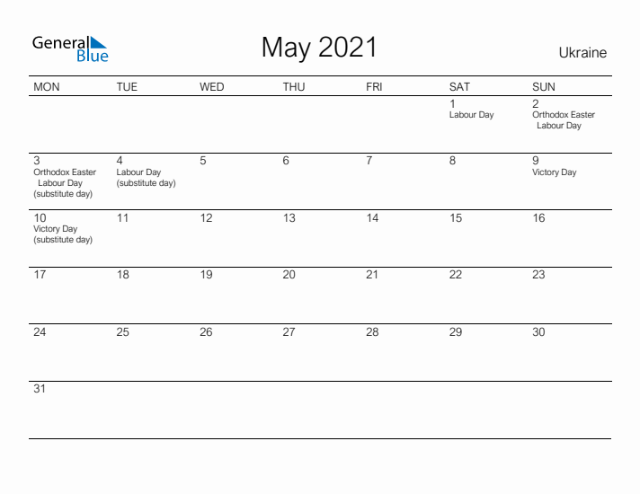 Printable May 2021 Calendar for Ukraine