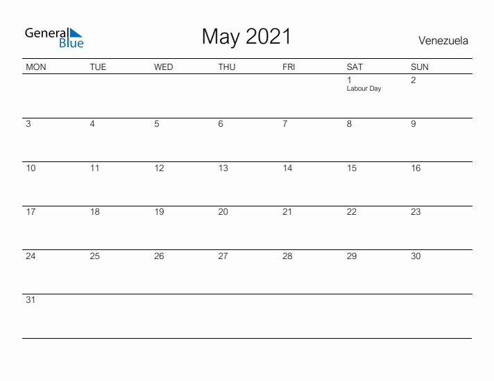 Printable May 2021 Calendar for Venezuela