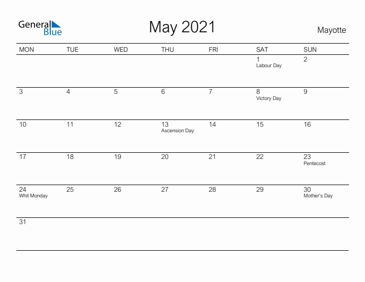 Printable May 2021 Calendar for Mayotte