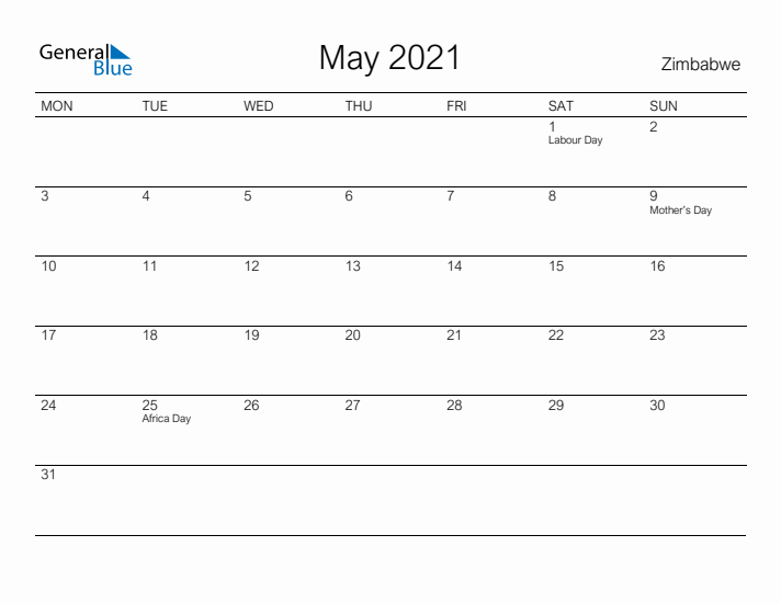 Printable May 2021 Calendar for Zimbabwe