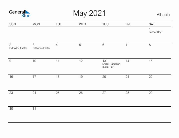 Printable May 2021 Calendar for Albania