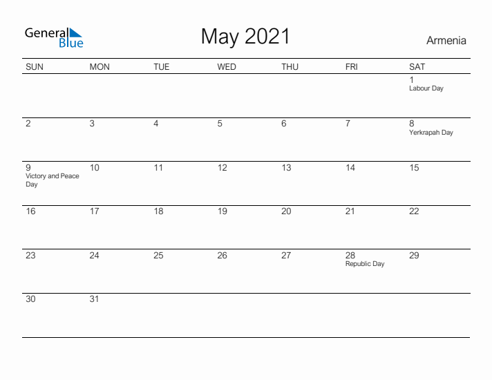 Printable May 2021 Calendar for Armenia