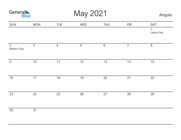 Printable May 2021 Calendar for Angola