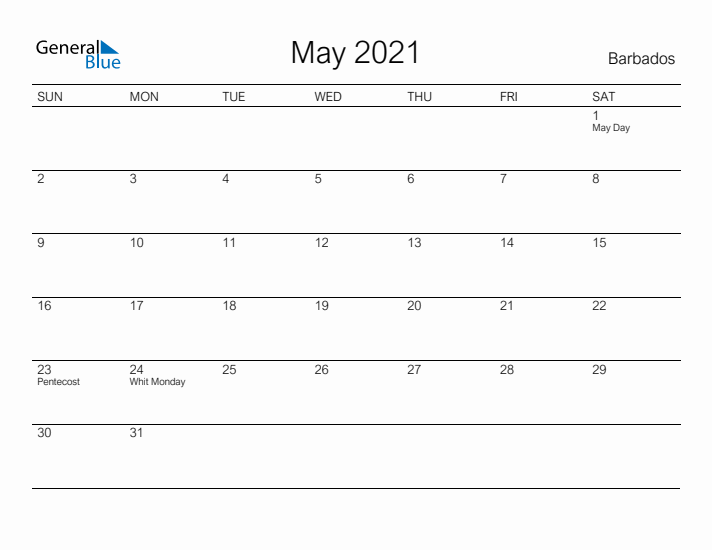 Printable May 2021 Calendar for Barbados