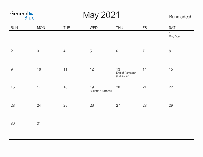 Printable May 2021 Calendar for Bangladesh