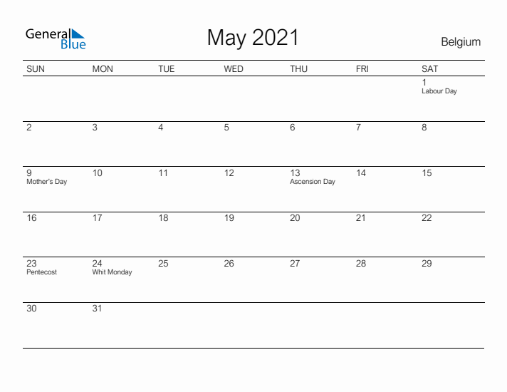 Printable May 2021 Calendar for Belgium