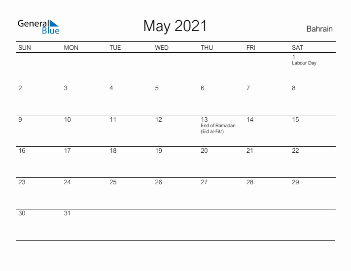 Printable May 2021 Calendar for Bahrain