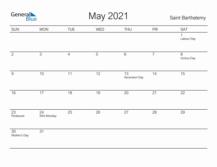 Printable May 2021 Calendar for Saint Barthelemy