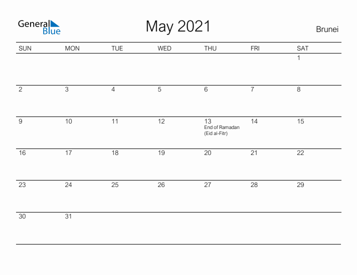 Printable May 2021 Calendar for Brunei