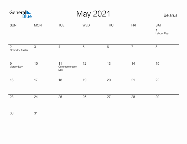 Printable May 2021 Calendar for Belarus