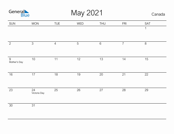 Printable May 2021 Calendar for Canada