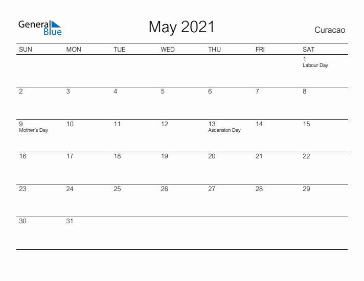 Printable May 2021 Calendar for Curacao