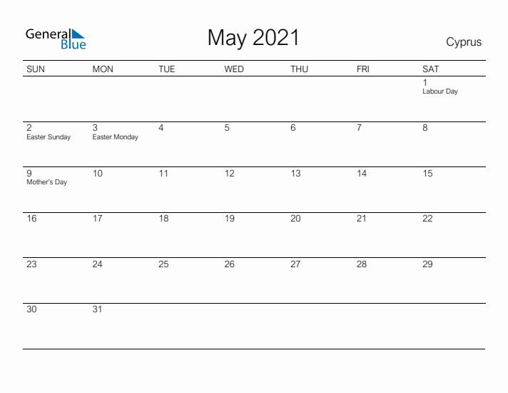 Printable May 2021 Calendar for Cyprus