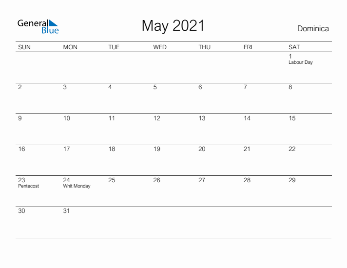 Printable May 2021 Calendar for Dominica