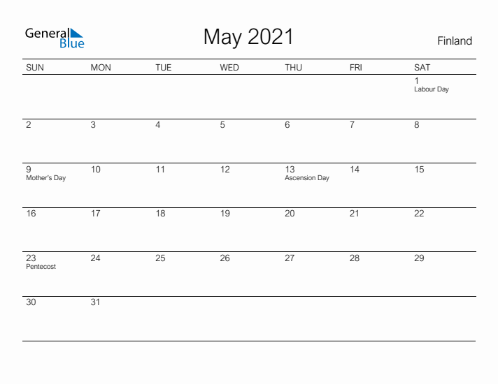 Printable May 2021 Calendar for Finland