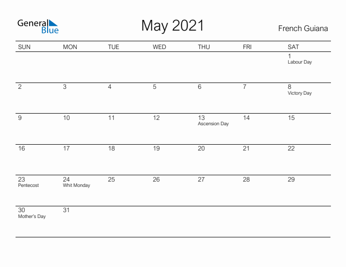 Printable May 2021 Calendar for French Guiana