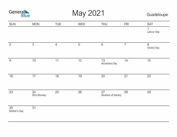 Printable May 2021 Calendar for Guadeloupe