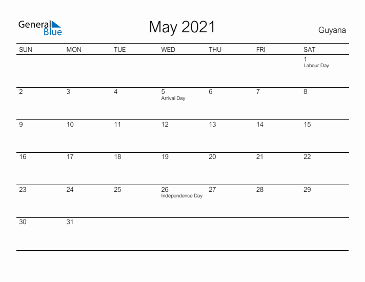 Printable May 2021 Calendar for Guyana