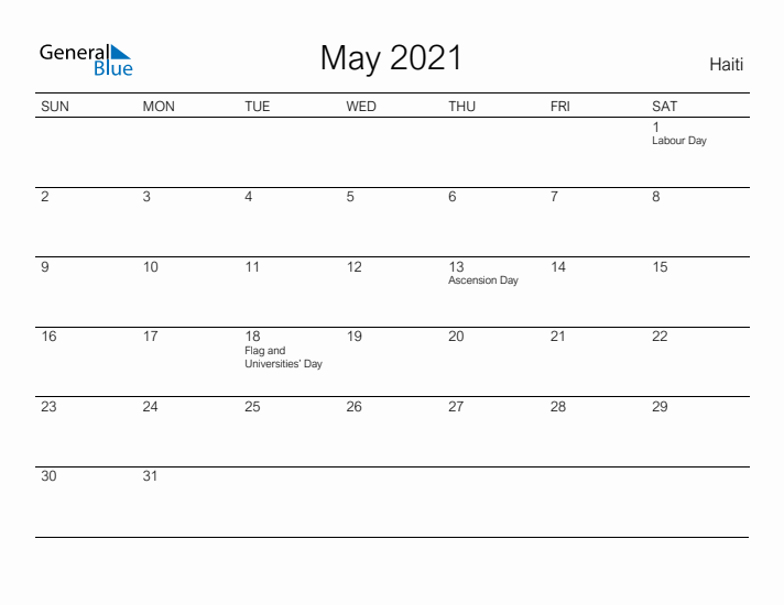 Printable May 2021 Calendar for Haiti