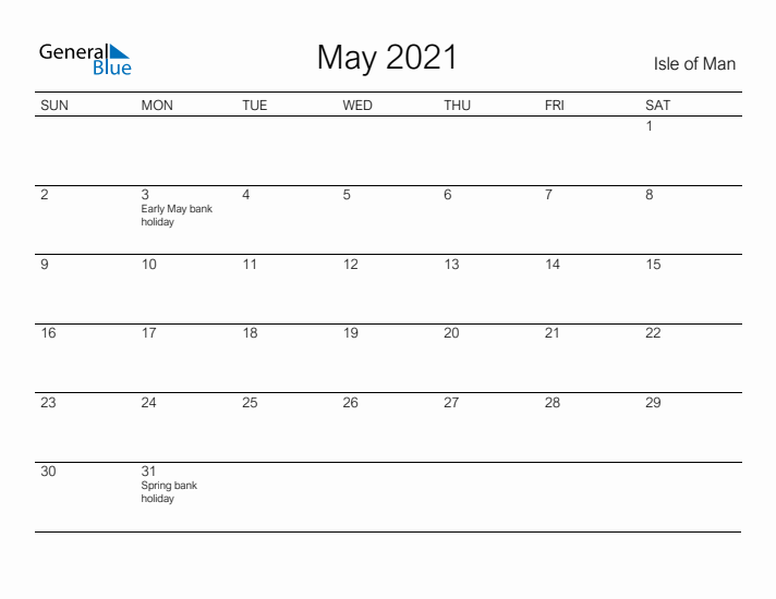 Printable May 2021 Calendar for Isle of Man