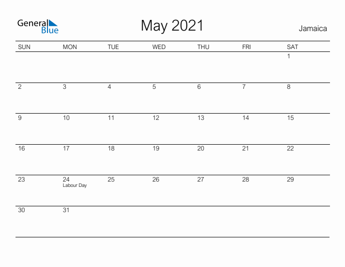 Printable May 2021 Calendar for Jamaica