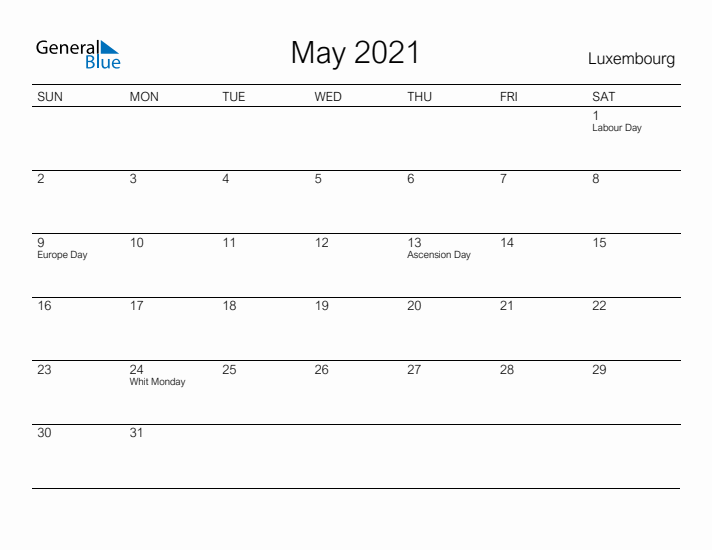 Printable May 2021 Calendar for Luxembourg