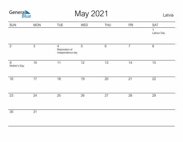 Printable May 2021 Calendar for Latvia