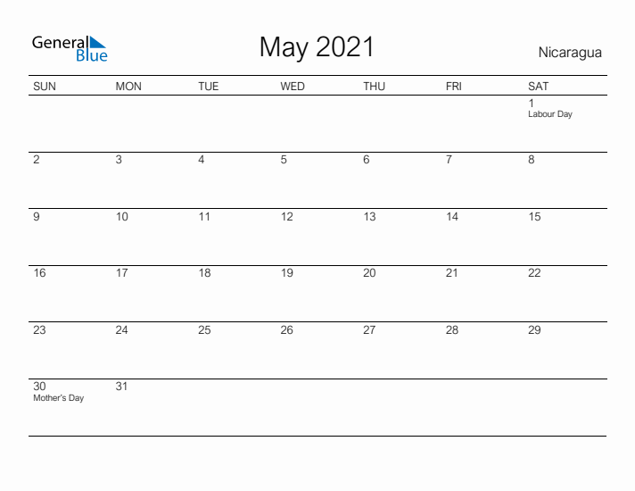 Printable May 2021 Calendar for Nicaragua