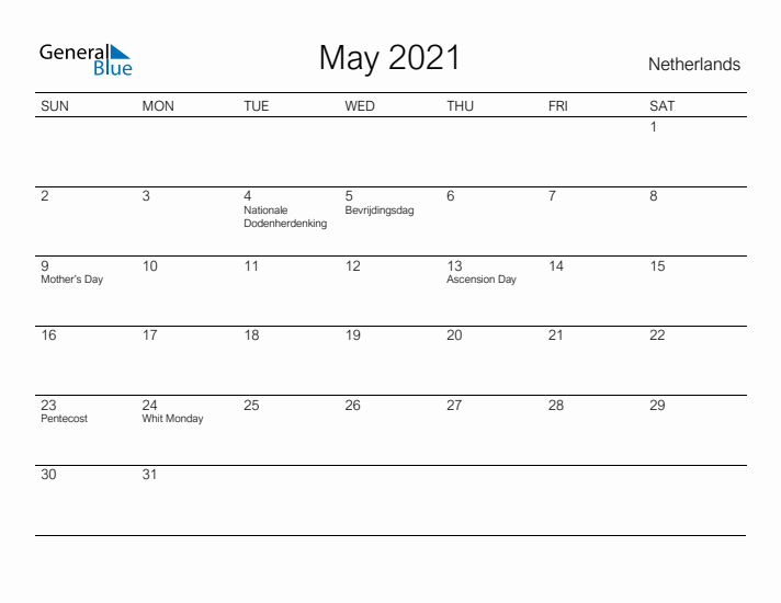 Printable May 2021 Calendar for The Netherlands