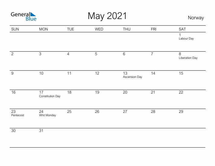 Printable May 2021 Calendar for Norway