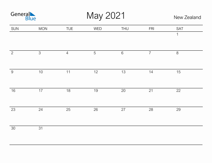 Printable May 2021 Calendar for New Zealand