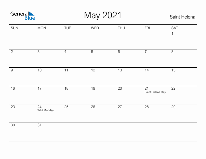 Printable May 2021 Calendar for Saint Helena