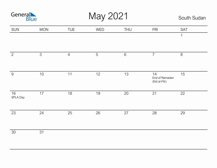 Printable May 2021 Calendar for South Sudan