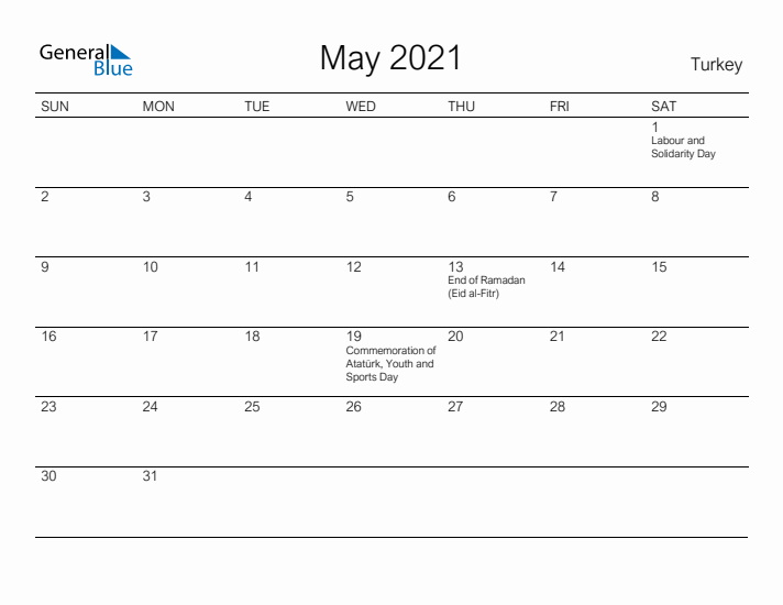 Printable May 2021 Calendar for Turkey