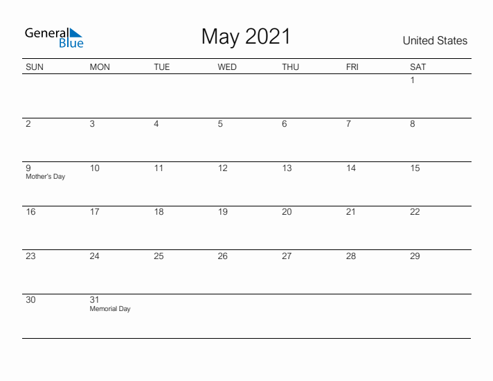 Printable May 2021 Calendar for United States