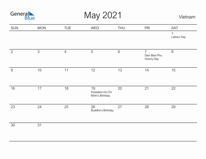 Printable May 2021 Calendar for Vietnam