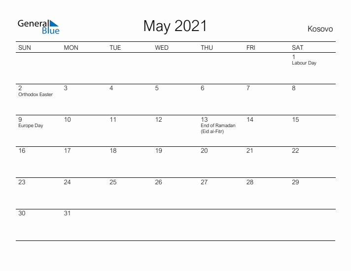 Printable May 2021 Calendar for Kosovo