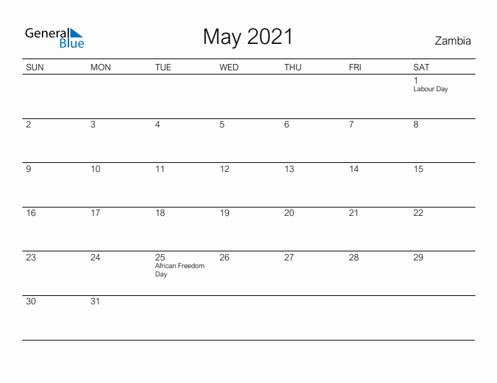 Printable May 2021 Calendar for Zambia