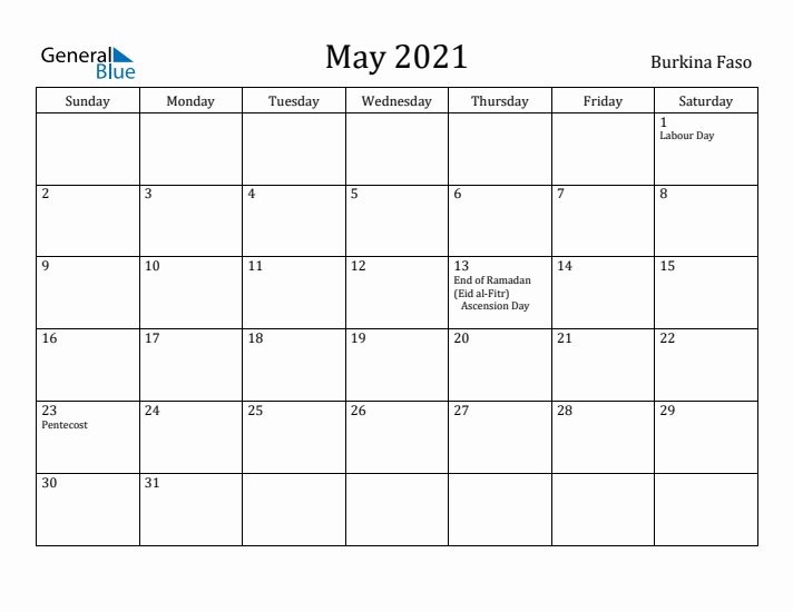 May 2021 Calendar Burkina Faso