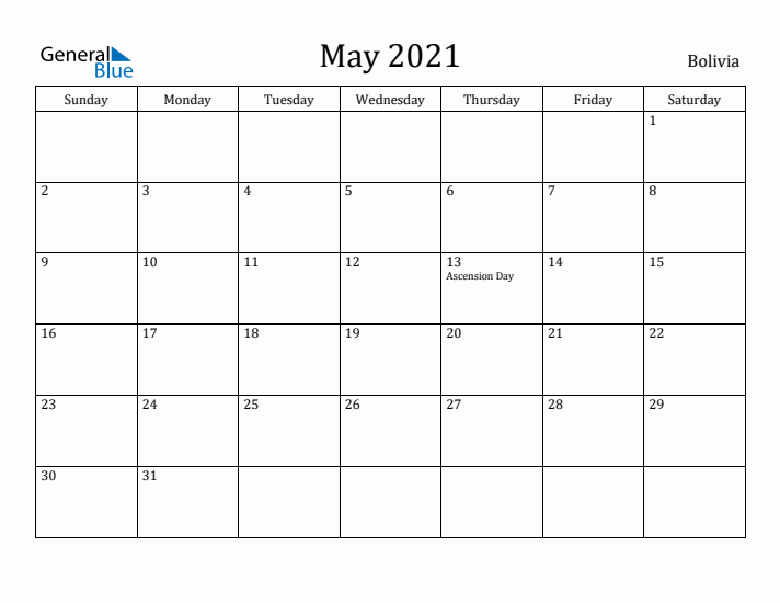 May 2021 Calendar Bolivia