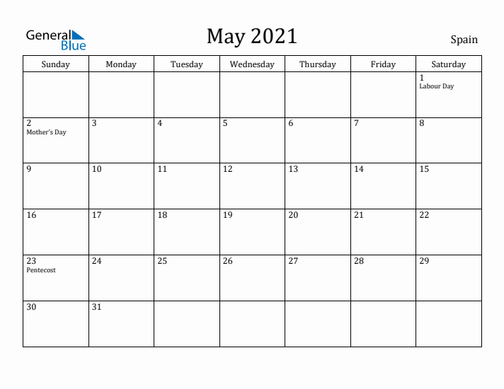 May 2021 Calendar Spain