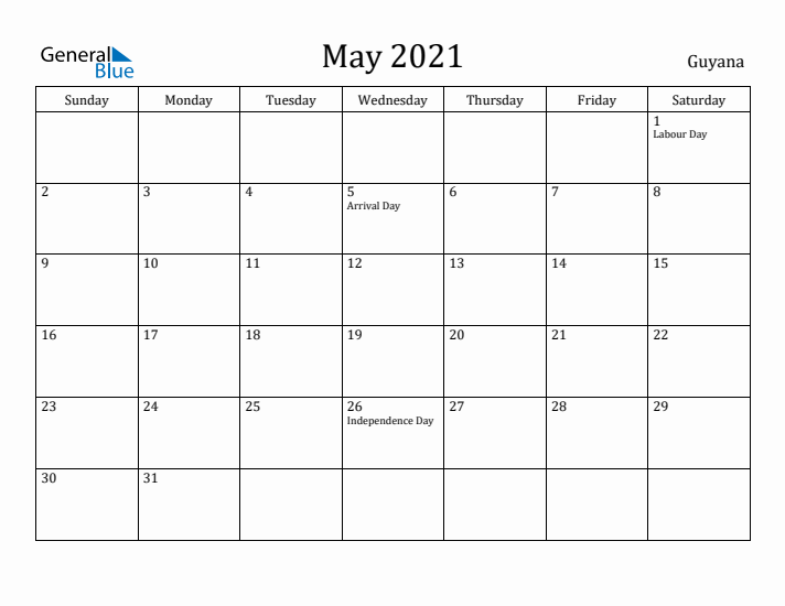 May 2021 Calendar Guyana