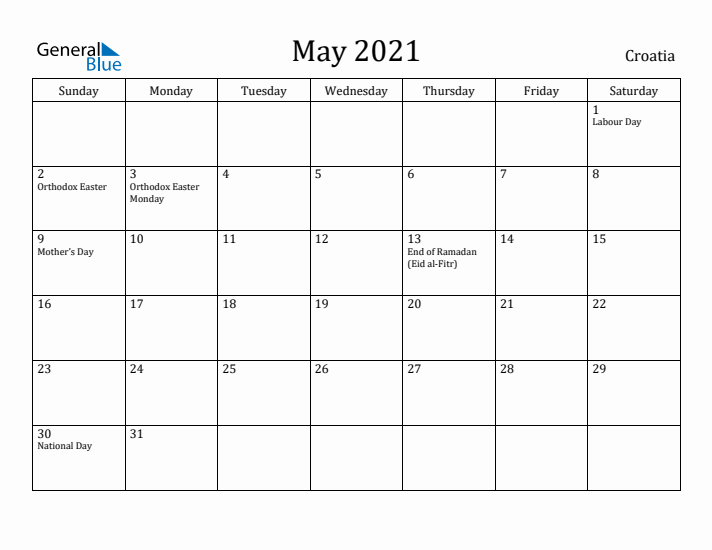 May 2021 Calendar Croatia