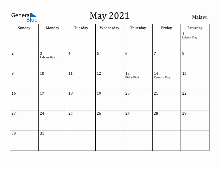 May 2021 Calendar Malawi