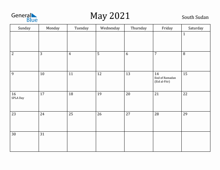 May 2021 Calendar South Sudan