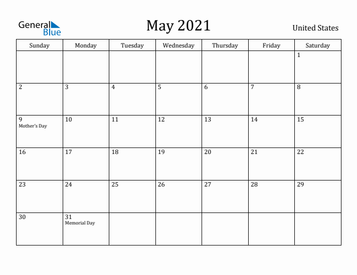 May 2021 Calendar United States