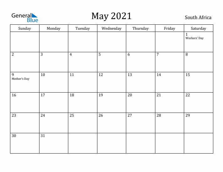 May 2021 Calendar South Africa